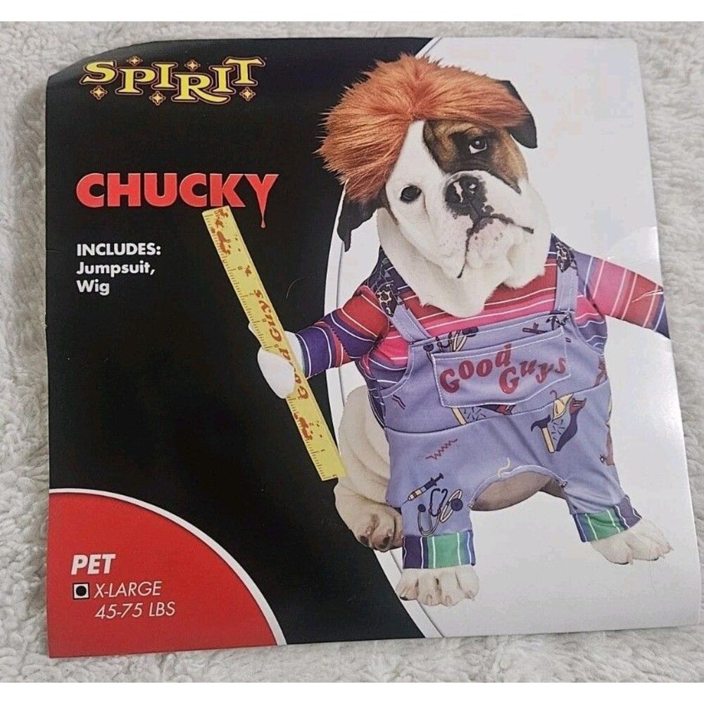 Chucky Pet Costume XL 45-75 Lbs Spirit Halloween Good Guys Jumpsuit Wig